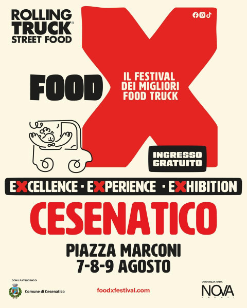 A Cesenatico arriva FOODX by Rolling Truck, il festival dei migliori Food Truck, cibo di strada dall’Italia e dal mondo presso Piazza Marconi, dal 7 al 9 agosto 2026.
