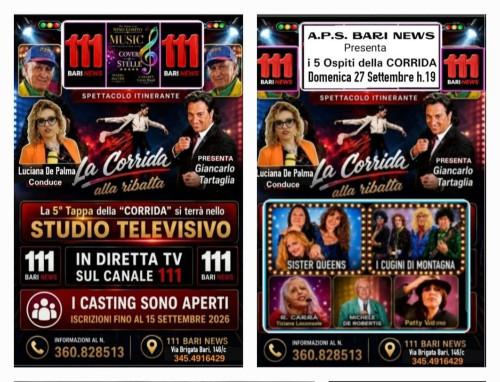APERTI I CASTING per la 5° Tappa della "LA CORRIDA alla Ribalta" condotta da Giancarlo Tartaglia e Luciana De Palma che si terranno negli Studi Televisivi di Bari - "111 BARI NEWS" -   Domenicaca 27 Settembre 2026 h. 19.00