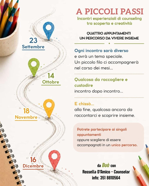 A Piccoli Passi: 4 laboratori esperienziali 23/9 - 14/10- 18/11 - 16/12