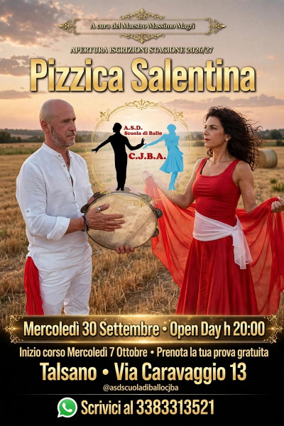 Open day di pizzica col maestro Massimo Magrì presso l'A. S. D. Scuola di ballo "C. J. B. A"