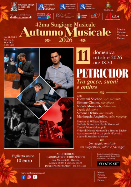 AUTUNNO MUSICALE - 'PETRICHOR. TRA GOCCE, SUONI E OMBRE' PER PF., VOCE, ELETTRONICA, LIVE VISUALS E MAPPING