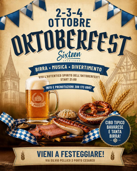 Oktoberfest al Sixteen: dal 2 al 4 Ottobre Tre Serate Tra Birra, Specialità Bavaresi e Musica