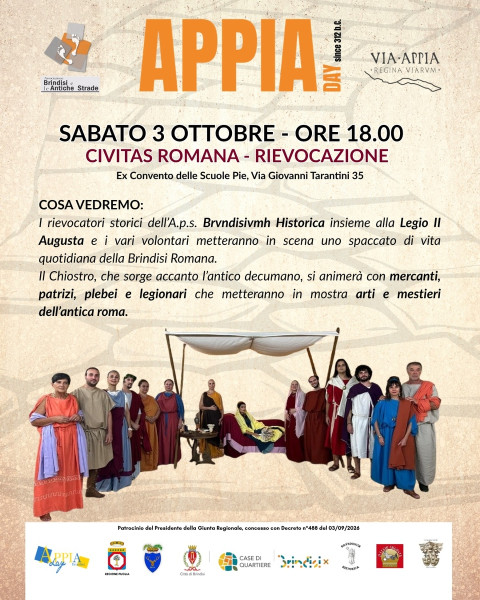 Brindisi, in occasione delle giornate Day 2026 si celebra la Regina Viarium con Civitas Romana