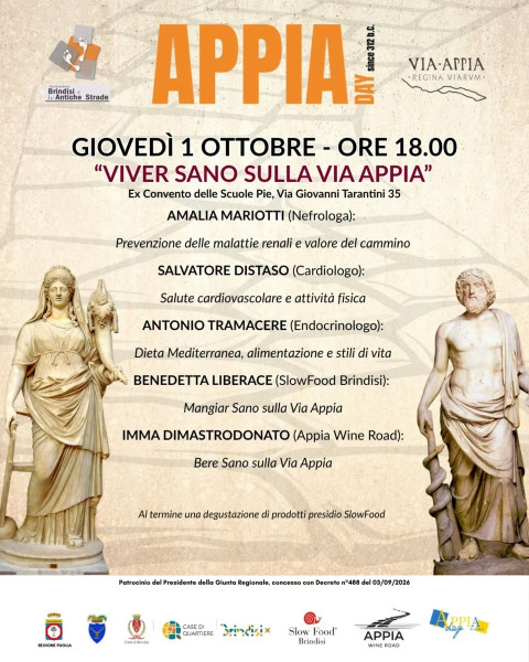 AppiaDay2026 Brindisi: convegni "Viver Sano sulla Via Appia" e "Quante storie...lungo la Via Appia"