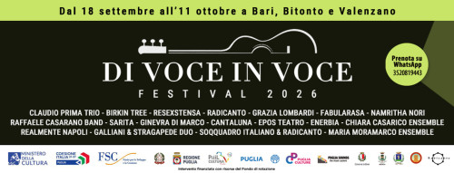 La rassegna musicale e teatrale "Di Voce in Voce" (XVIII edizione) fa tappa a Bitonto dal 1° al 3 ottobre 2026