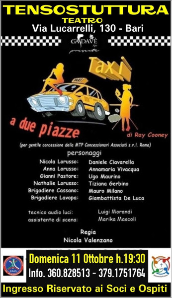 L'Aps AnnunciAzione invita i Soci e gli Ospti ad assistere alla Comicissima Commedia "TAXY a 2 Piazze" Domenica 11 Ottobre h. 19:30