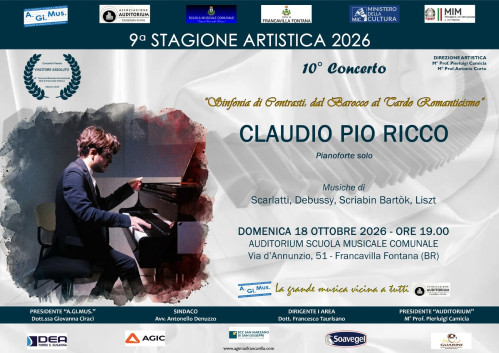 Stagione Artistica A.Gi.Mus. Francavilla, sul palco il pianista Claudio Pio Ricco
