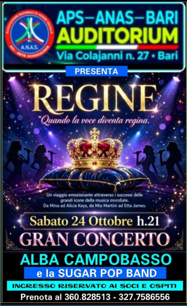 L' A.P.S. ANAS PUGLIA Bari - Comunica ai Soci l'evento al NUOVO  AUDITORIUM di Sabato 24 Ottobre 2026 alle h. 21:00