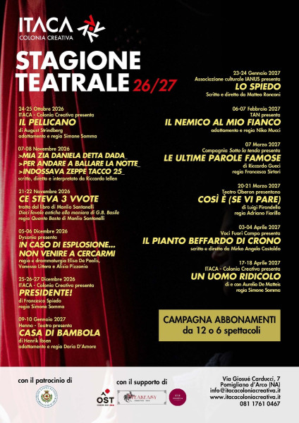 "Itaca Colonia Creativa" Stagione 2026/27. Il debutto il 24 ottobre