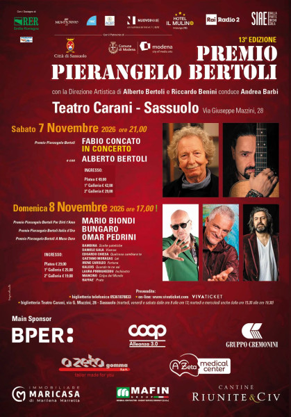Premio Pierangelo Bertoli 2026 – Fabio Concato, Mario Biondi, Bungaro e Omar Pedrini